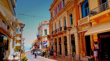 25th of August Street in central Heraklion leads from the Morosini or Lion's Fountain to the Mediterranean Sea.