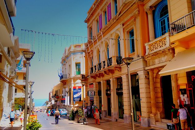 Street in central Heraklion leads from the Morosini or Lion's Fountain to the Mediterranean Sea.