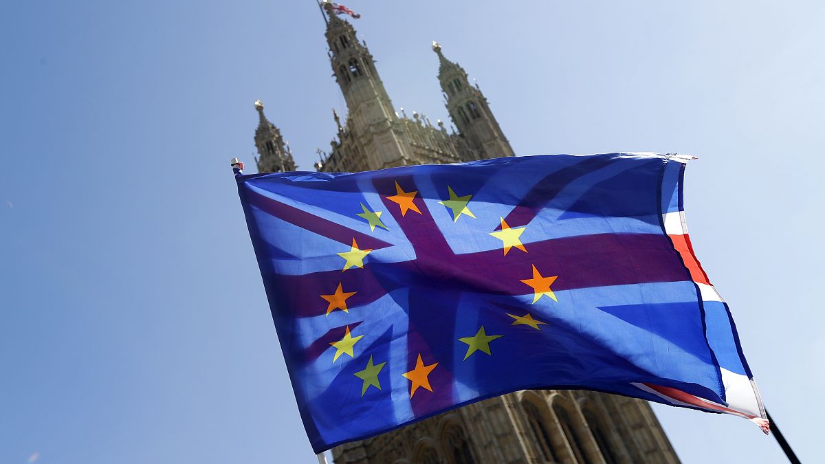 علم الاتحاد البريطاني خلف علم الاتحاد الأوروبي، على خلفية البرلمان في لندن