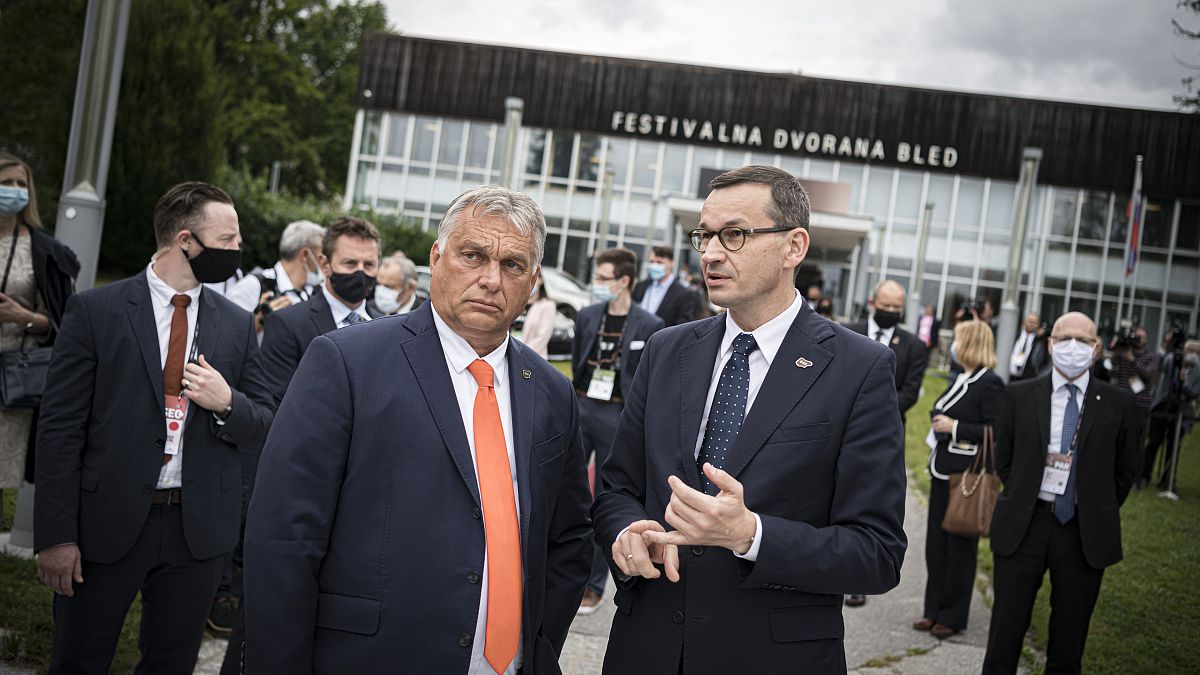 Orbán Viktor és Mateusz Morawiecki a 15. Bledi Stratégiai Fórum nemzetközi konferencián 2020. augusztus 31-én.