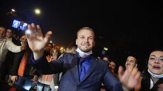 Drasko Stanivukovic from the Party of Democratic Progress (PDP) celebrates his victory in Banja Luka.