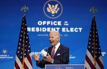President-elect Joe Biden, accompanied by Vice President-elect Kamala Harris, speaks about economic recovery at The Queen theater, Monday, Nov. 16, 2020, in Wilmington, Del.