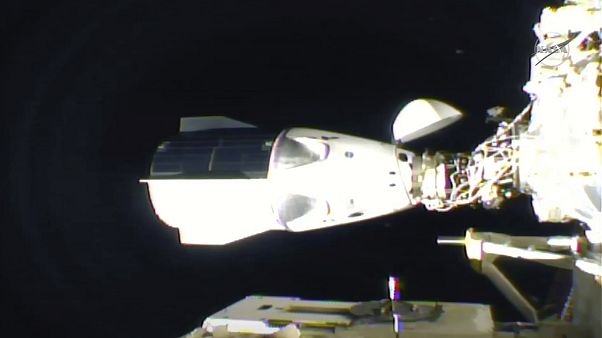 In this frame grab from NASA TV, the SpaceX Dragon is seen after docking at the International Space Station, late Monday, Nov. 16, 2020. In this frame grab from NASA TV, the SpaceX Dragon is seen after docking at the International Space Station, late Monday, Nov. 16, 2020.