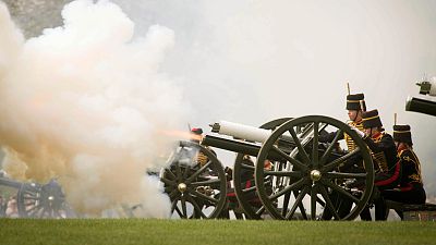 The King's Troop Royal Horse Artillery fire a 41 Gun Royal Salute to mark the 93rd birthday of Britain's Queen Elizabeth II, in Hyde Park, London, Monday April 22, 2019.