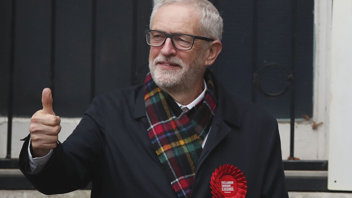 FILE - In this Thursday, Dec. 12, 2019 file photo, British opposition Labour Party leader Jeremy Corbyn, gestures after casting his vote in the general election