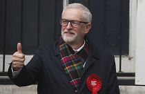 FILE - In this Thursday, Dec. 12, 2019 file photo, British opposition Labour Party leader Jeremy Corbyn, gestures after casting his vote in the general election