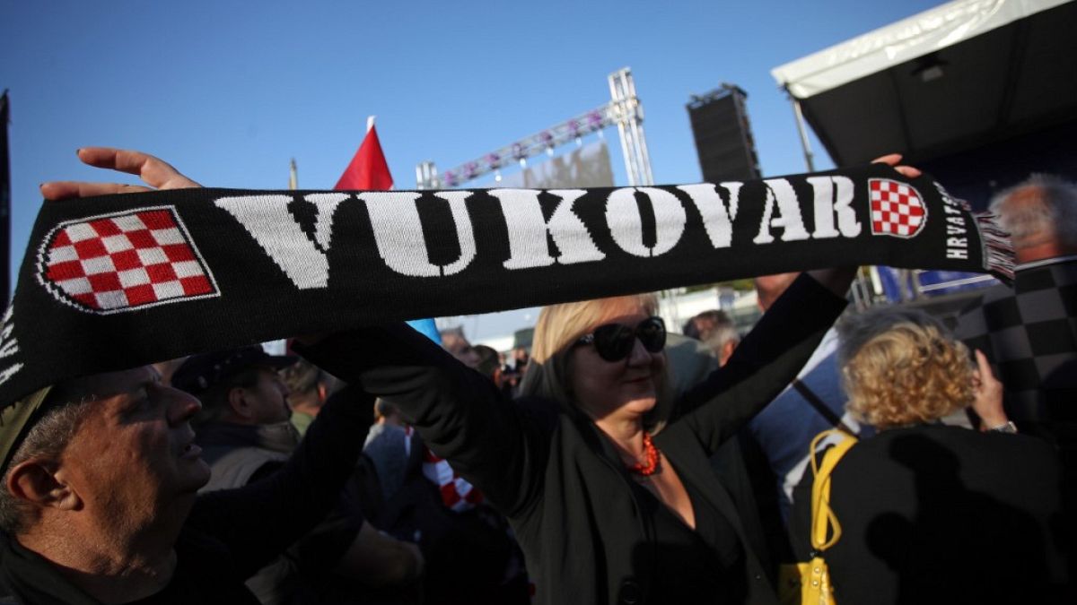 Several thousand people take part in a protest, on October 13, 2018 in Vukovar, to demand that the state speed up investigations of war crimes committed in the area.