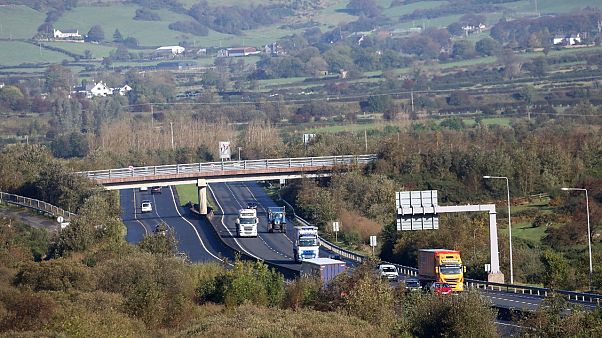 Motorists on the M1 motorway crossing the Irish border near Jonesborough, Republic of Ireland, looking across the border into Northern Ireland, Wednesday, Oct. 16, 2019. Motorists on the M1 motorway crossing the Irish border near Jonesborough, Republic of Ireland, looking across the border into Northern Ireland, Wednesday, Oct. 16, 2019.