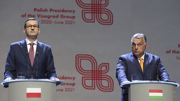 Viktor Orban, right, Prime Minister of Hungary and Polish Prime Minister Mateusz Morawiecki at a news conference in Lublin, Poland, September 19, 2020. Viktor Orban, right, Prime Minister of Hungary and Polish Prime Minister Mateusz Morawiecki at a news conference in Lublin, Poland, September 19, 2020.