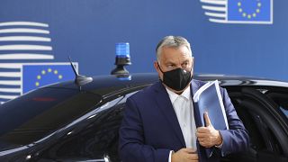 FILE - In this Oct. 15, 2020, file photo, Hungary's Prime Minister Viktor Orban arrives for an EU summit at the European Council building in Brussels. 