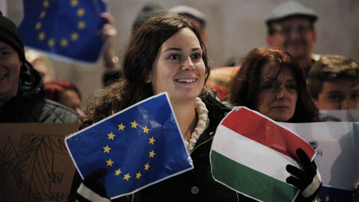 Együtt az EU-s és a magyar zászló egy demonstráló kezében (illusztráció)