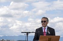 WHO, World Health Organization Director-General, Tedros Adhanom Ghebreyesus, speaks during the relaunch ceremony of the famous fountain 'Le Jet d'Eau', which was postponed due