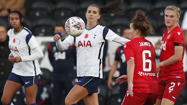 Tottenham Hotspur's Alex Morgan, center, during the English Women's Super League soccer match between Tottenham Hotspur and Reading on Nov. 7, 2020. Tottenham Hotspur's Alex Morgan, center, during the English Women's Super League soccer match between Tottenham Hotspur and Reading on Nov. 7, 2020.