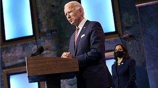  President-elect Joe Biden, accompanied by Vice President-elect Kamala Harris, speaks about the US economic recovery at The Queen theater in Wilmington, Delaware.
