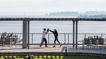 A personal training session overlooking Lake Constance at the Buchinger Wilhelmi resort, Germany.