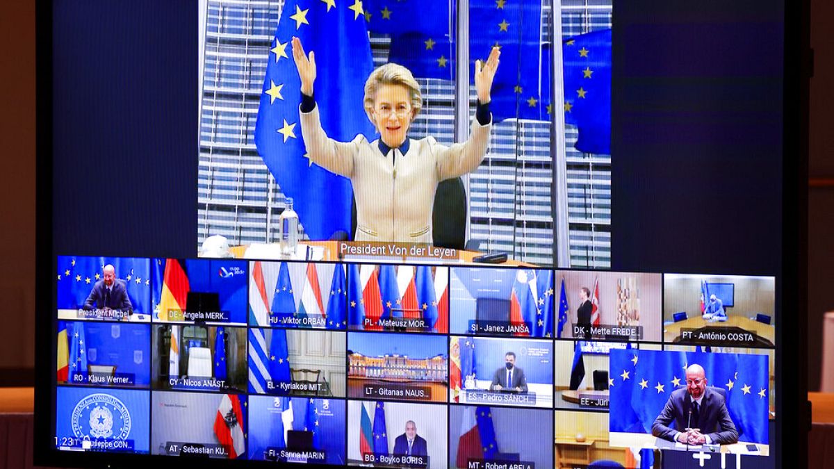 European Commission President Ursula von der Leyen, top, gestures as she talks with EU leaders during an EU Summit video conference at the European Council building.
