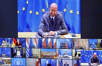 European Council President Charles Michel, top, talks with EU leaders during an EU Summit video conference at the European Council building in Brussels, Nov. 19, 2020