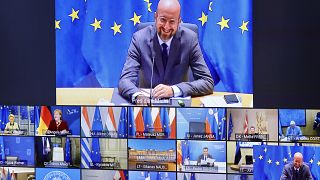 European Council President Charles Michel, top, talks with EU leaders during an EU Summit video conference at the European Council building in Brussels, Nov. 19, 2020