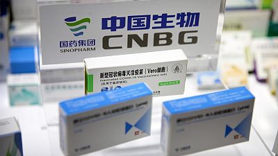 A box for a COVID-19 vaccine is displayed at an exhibit by Chinese pharmaceutical firm Sinopharm at the China International Fair for Trade in Services (CIFTIS) in Beijing.