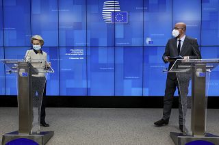 EU Summit video conference at the European Council building in Brussels, Thursday, Nov. 19, 2020.