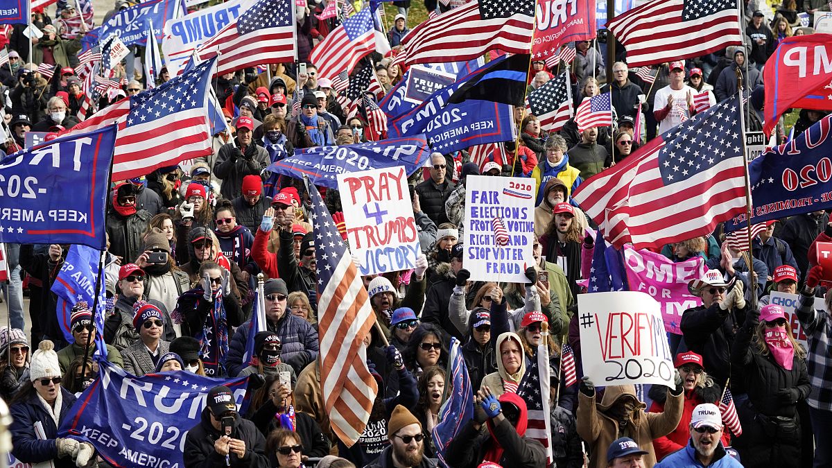 President Trump supporters rally at the Capitol building in Lansing, Michigan, Saturday, Nov. 14, 2020. 