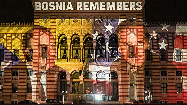 A of photograph US President-elect Joe Biden and Bosnia's first President Alija Izetbegovic is projected on the National Library building in Sarajevo, Bosnia on Nov 8, 2020. A of photograph US President-elect Joe Biden and Bosnia's first President Alija Izetbegovic is projected on the National Library building in Sarajevo, Bosnia on Nov 8, 2020.