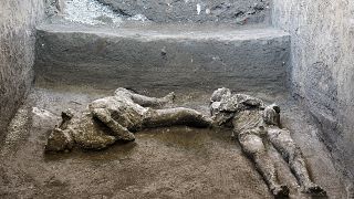 The casts of what are believed to have been a rich man and his male slave fleeing the volcanic eruption of Vesuvius nearly 2,000 years ago.