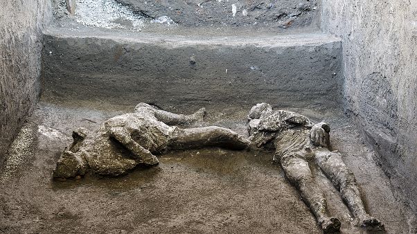 The casts of what are believed to have been a rich man and his male slave fleeing the volcanic eruption of Vesuvius nearly 2,000 years ago. The casts of what are believed to have been a rich man and his male slave fleeing the volcanic eruption of Vesuvius nearly 2,000 years ago.