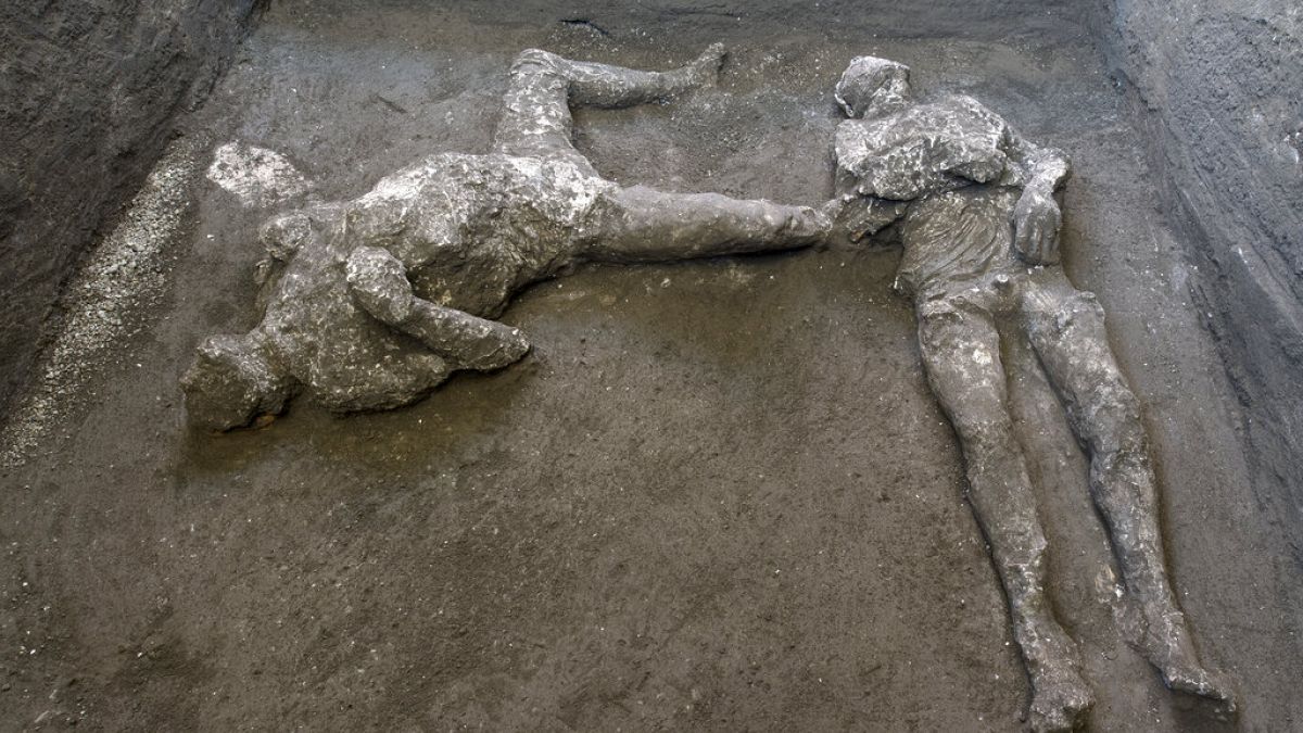 The casts of what are believed to have been a rich man and his male slave fleeing the volcanic eruption of Vesuvius 