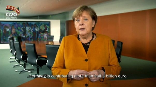 Angela Merkel in einer vorab aufgezeichneten Videobotschaft für das virtuelle Spitzentreffen der G20 Angela Merkel in einer vorab aufgezeichneten Videobotschaft für das virtuelle Spitzentreffen der G20