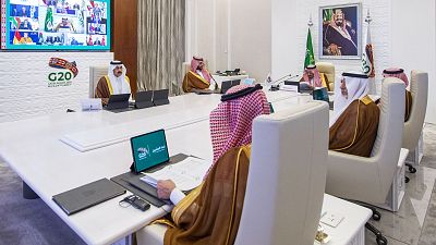 Saudi King Salman bin Abdulaziz Al-Saud delivering the opening address, at the G20 summit held virtually.