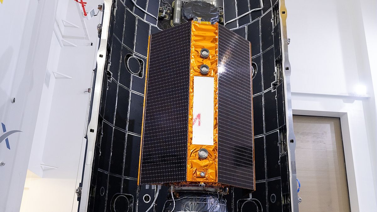 In this Nov. 3, 2020 photo, provide by the European Space Agency, the Sentinel-6 satellite is placed inside the upper stage of a Falcon 9 rocket. 