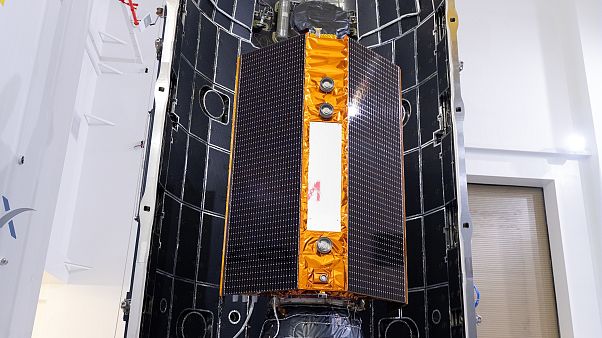 In this Nov. 3, 2020 photo, provide by the European Space Agency, the Sentinel-6 satellite is placed inside the upper stage of a Falcon 9 rocket. In this Nov. 3, 2020 photo, provide by the European Space Agency, the Sentinel-6 satellite is placed inside the upper stage of a Falcon 9 rocket.