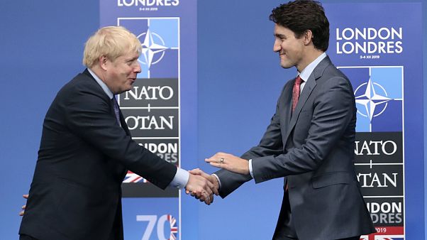 UK Prime Minister Boris Johnson (L) and Canadian Prime Minister Justin Trudeau during official arrivals for a NATO leaders meeting on Dec. 4, 2019. UK Prime Minister Boris Johnson (L) and Canadian Prime Minister Justin Trudeau during official arrivals for a NATO leaders meeting on Dec. 4, 2019.