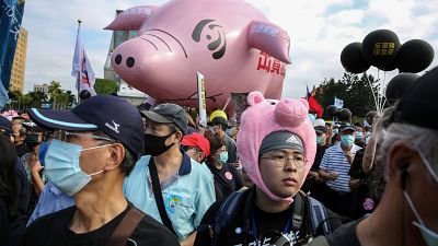 People attend the annual pro-labor march 'Autumn Struggle' to protest against the lifting of restrictions on US pork containing ractopamine feed additive, in Taipei.