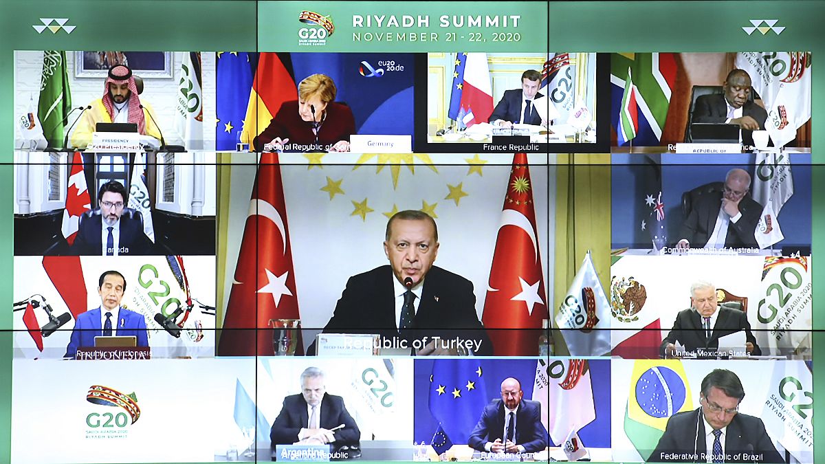 President Recep Tayyip Erdogan addresses the virtual G20 Summit in a video conference from Istanbul, Nov. 22, 2020. 