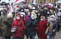 Belarusian pensioners attend an opposition rally to protest the official presidential election results in Minsk, Belarus, Monday, Nov. 23, 2020.