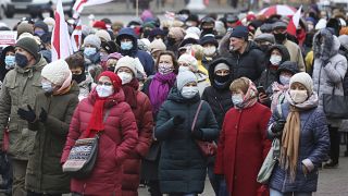 Belarusian pensioners attend an opposition rally to protest the official presidential election results in Minsk, Belarus, Monday, Nov. 23, 2020.