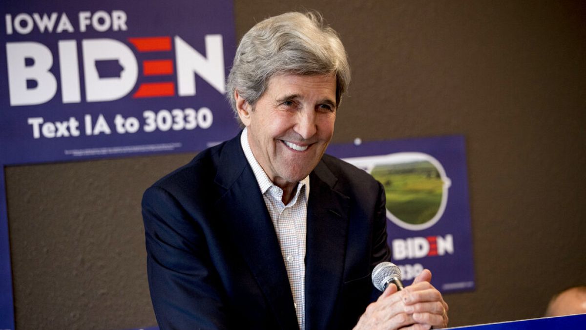 In this Jan. 9, 2020, file photo former Secretary of State John Kerry smiles while speaking at a campaign stop to support Democratic presidential candidate Joe Biden.