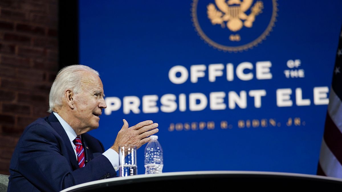President-elect Joe Biden speaks during a meeting at The Queen theatre Monday, Nov. 23, 2020, in Wilmington, Del. (AP Photo/Carolyn Kaster)
