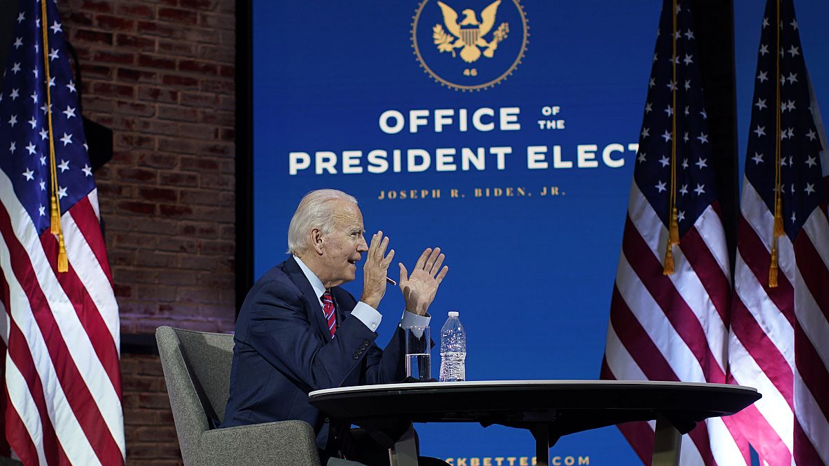 الرئيس الامريكي المنتخب جو بايدن خلال اجتماع افتراضي مع رؤساء البلديات في ولمينغتون. 2020/11/23