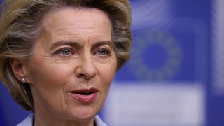 European Commission President Ursula von der Leyen gives a statement at the EU headquarters in Brussels, Monday, Nov. 16, 2020.