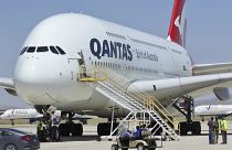 A Qantas Airbus A380 arrives at Southern California Logistics Airport, July 2020.