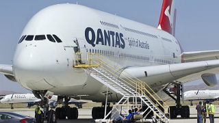 A Qantas Airbus A380 arrives at Southern California Logistics Airport, July 2020.