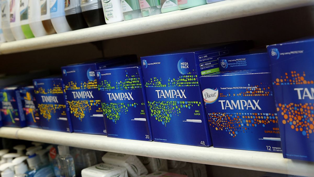 Women's sanitary products on sale at a small pharmacy in London, Friday, March, 18, 2016. 