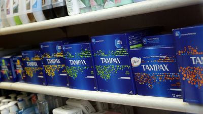Women's sanitary products on sale at a small pharmacy in London, Friday, March, 18, 2016. 