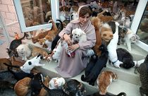 مريم البلوشي تحيط بها حيواناتها في منزلها في مسقط. 2020/11/20