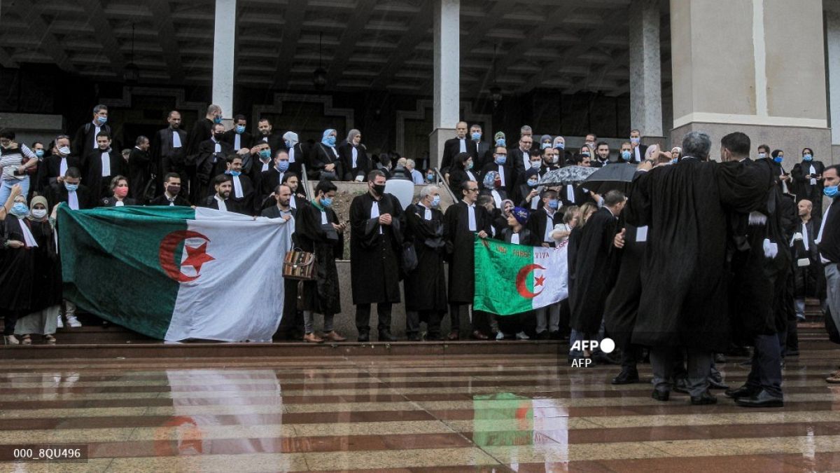 محامون جزائريون يرددون شعارات ويلوحون بالأعلام الوطنية الجزائرية يتظاهرون أمام محكمة الجزائر للمطالبة "باستقلال القضاء"