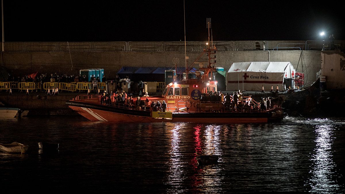 Spanish coastguards dock in Arguineguin carrying over 80 people after their rescue