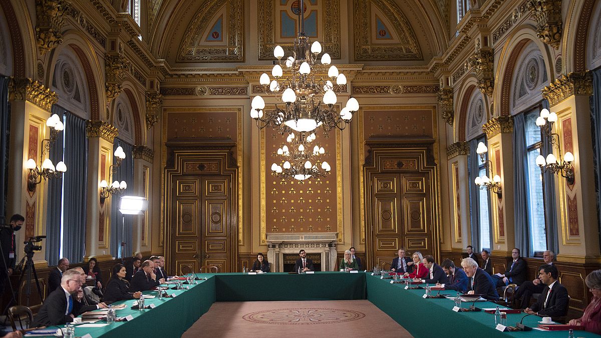 UK Prime Minister Boris Johnson leads a Cabinet meeting at the Foreign and Commonwealth Office, London, Nov. 3, 2020. FCO minister Baroness Sugg has resigned over budget cuts.